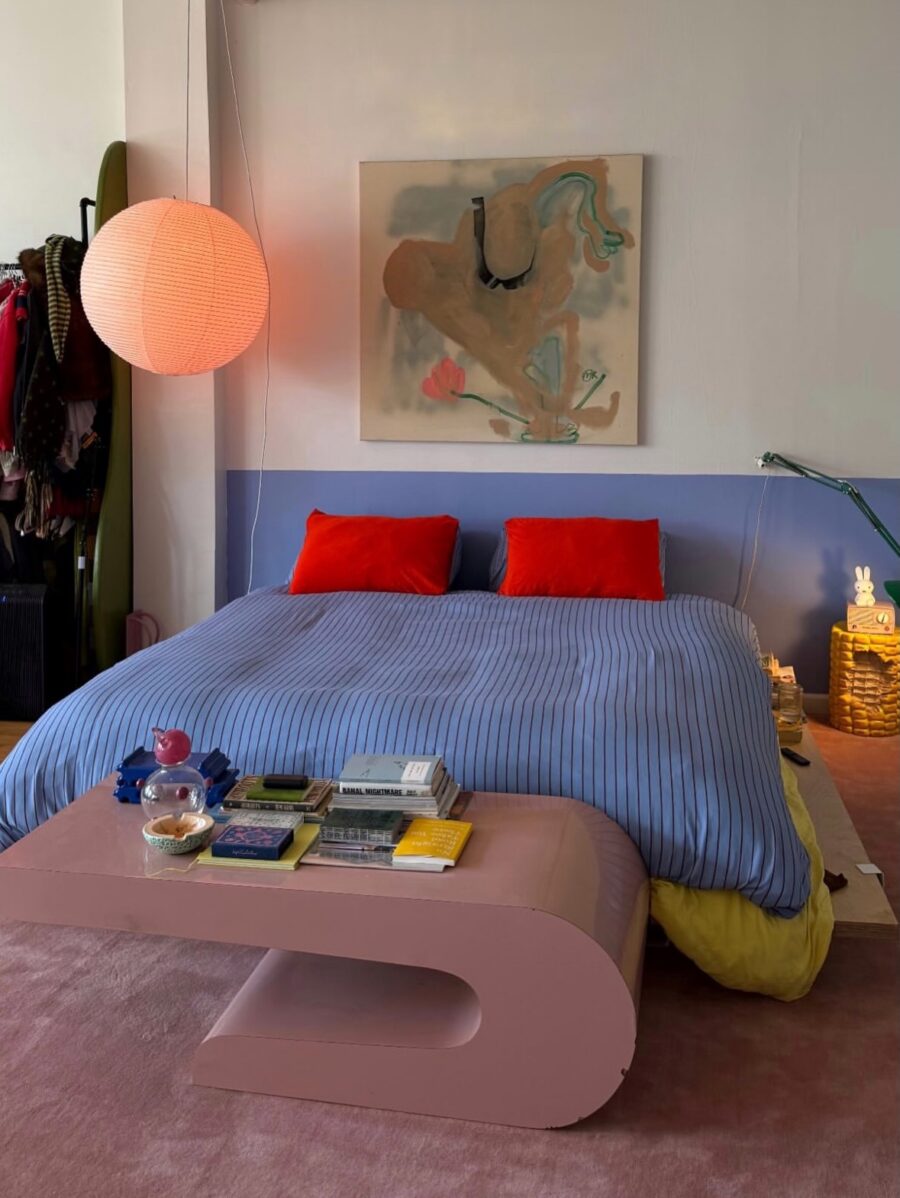 Trendy bedroom with a playful color palette