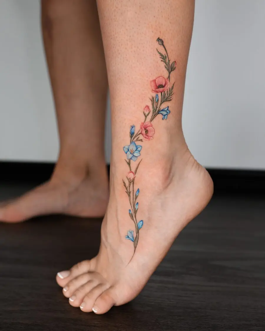 Delicate Floral Birth Flower Ankle Tattoo Design