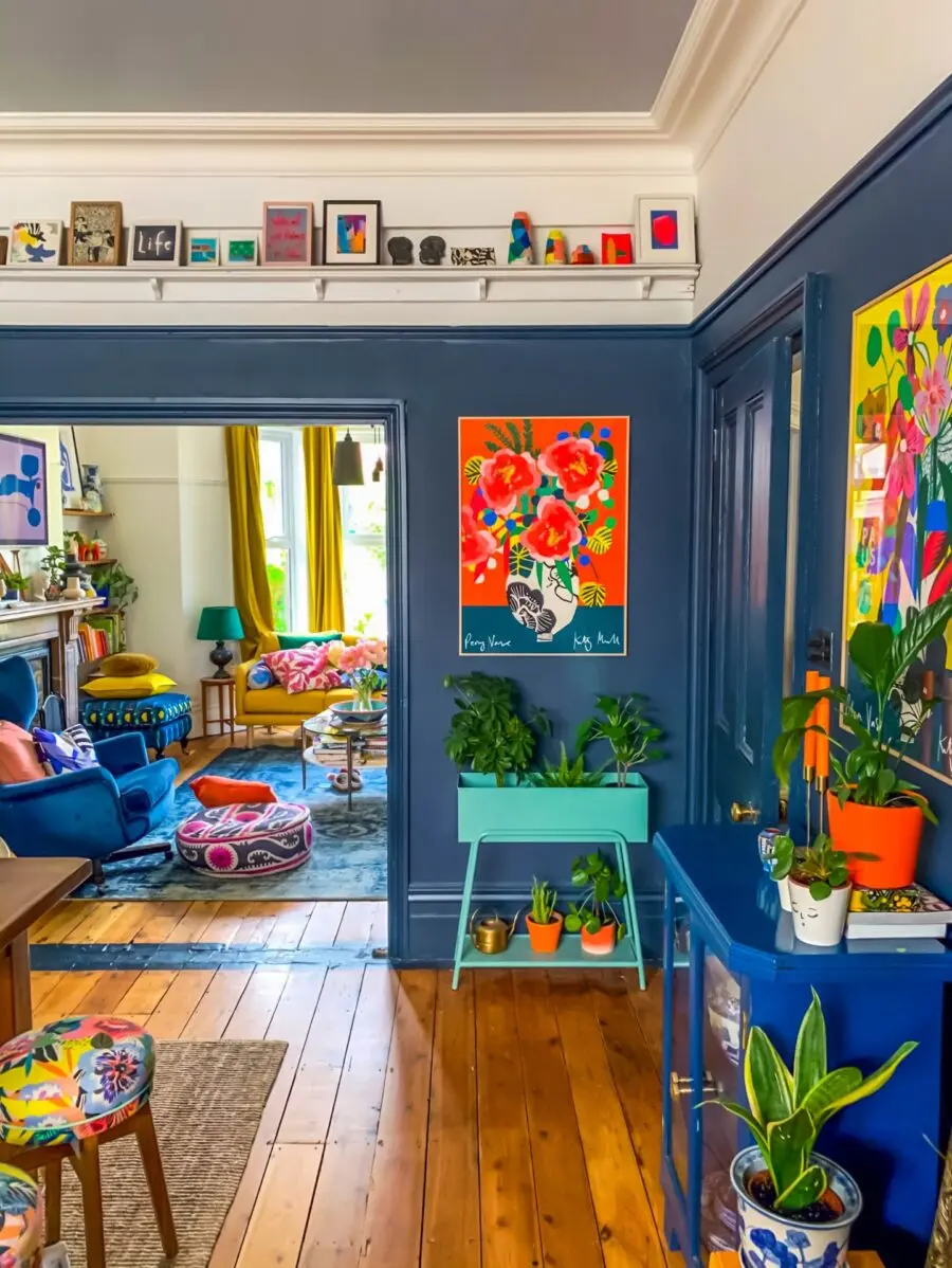 Vibrant blue living room with lively decor