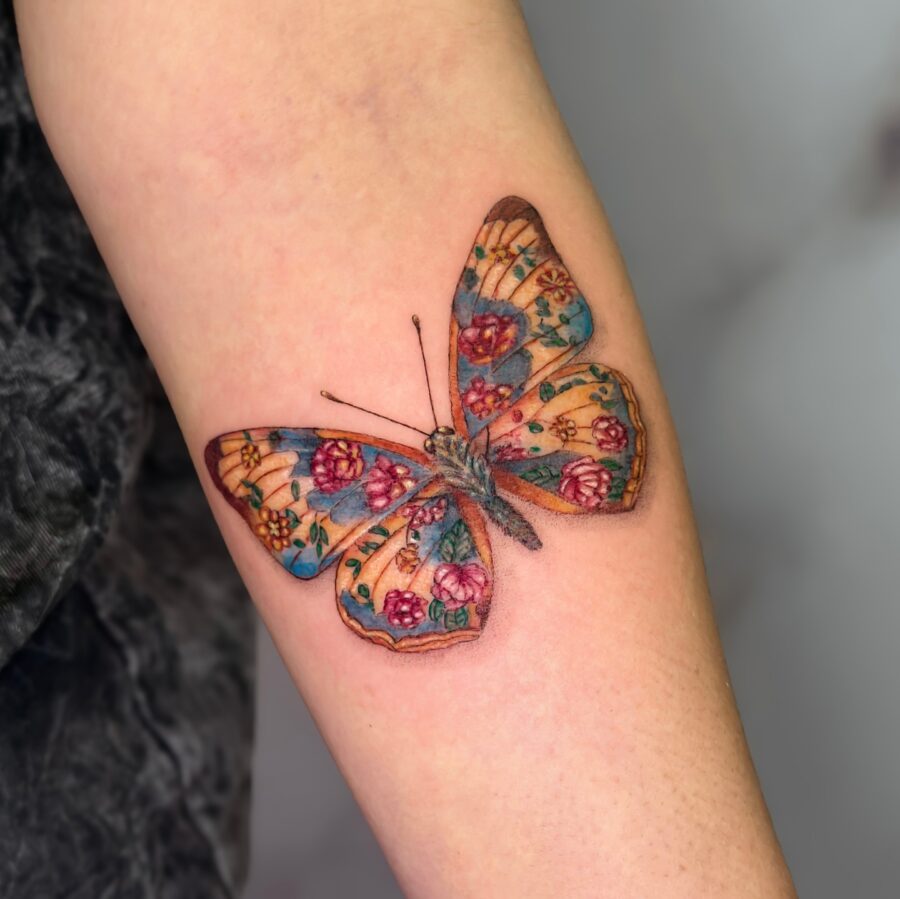Floral-Patterned Butterfly Tattoo Design