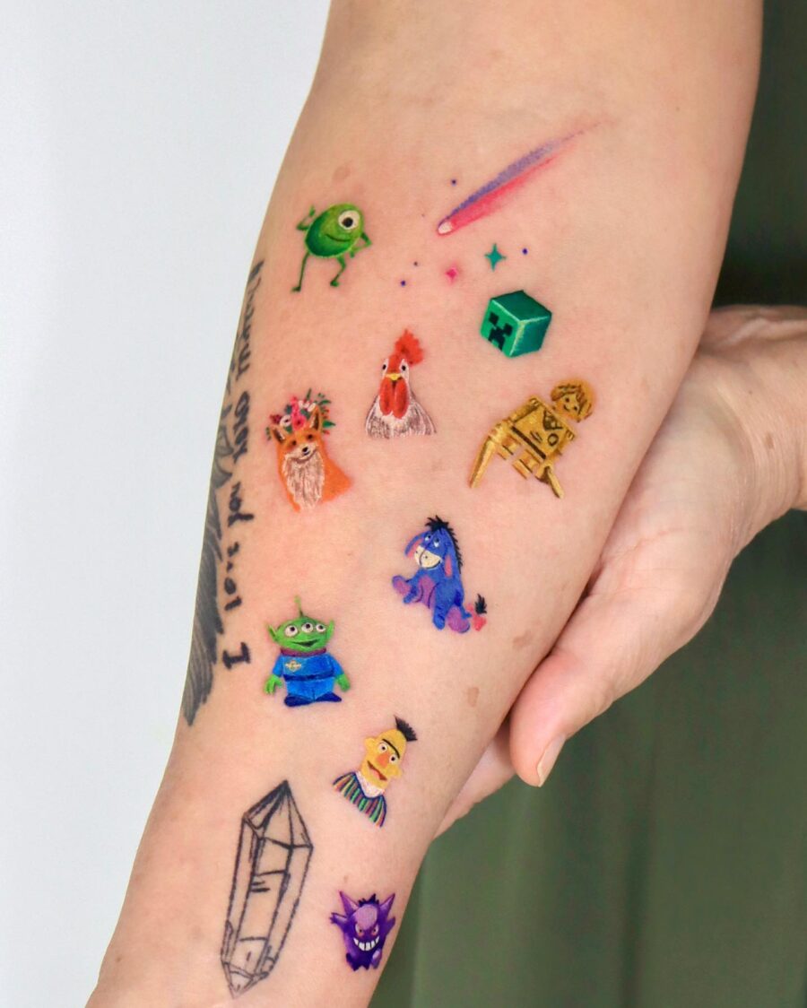 Vibrant cartoon tattoos bring joy to life.