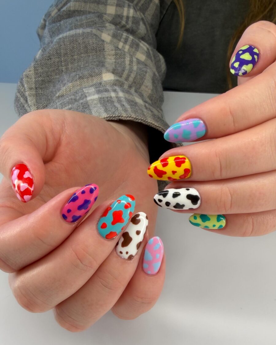Vibrant Cow Print Nails in Bold Colors