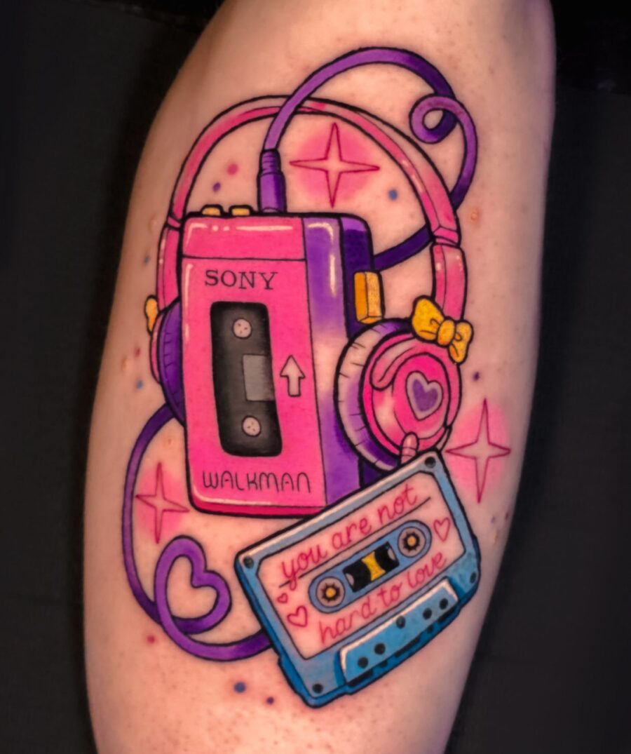 Playful Walkman and cassette tattoo design