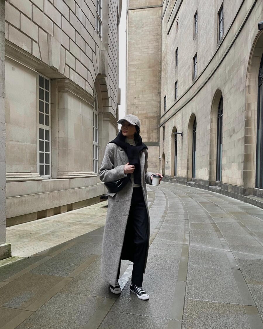Chic winter style featuring classic Converse sneakers