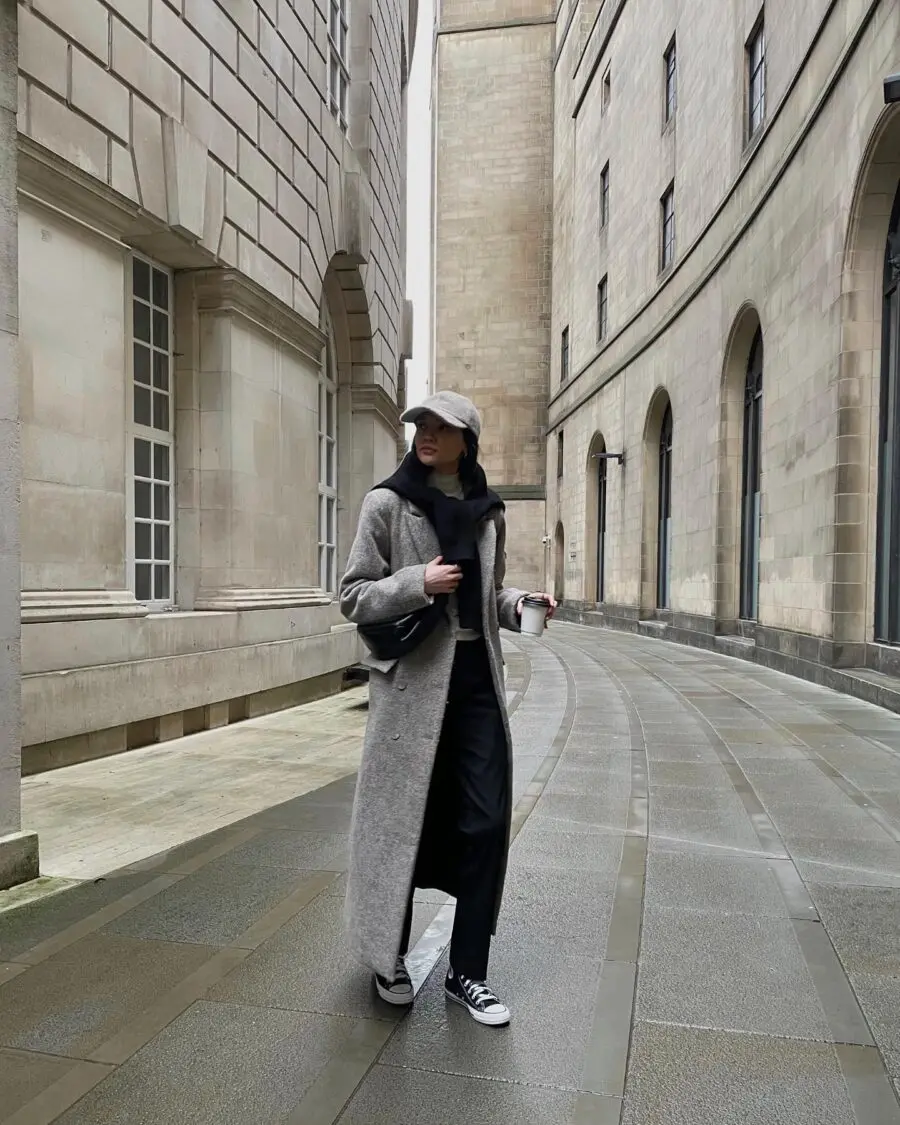 Chic winter style featuring classic Converse sneakers