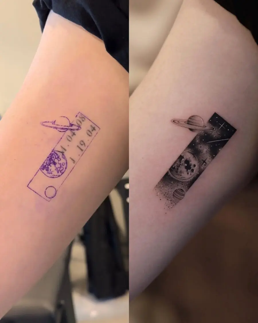 Unique Space-Themed Cover-Up Tattoos Displayed