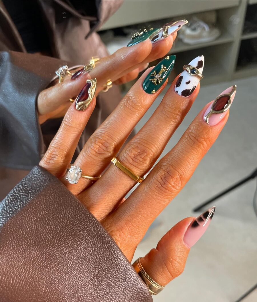Stylish cow print nail art in unique colors
