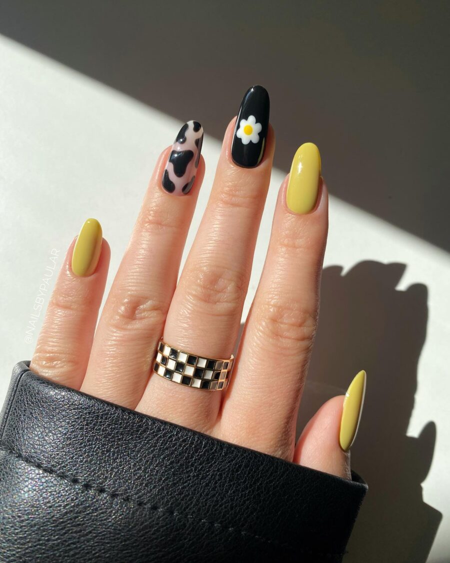 Chic Cow Print with Yellow Floral Accent