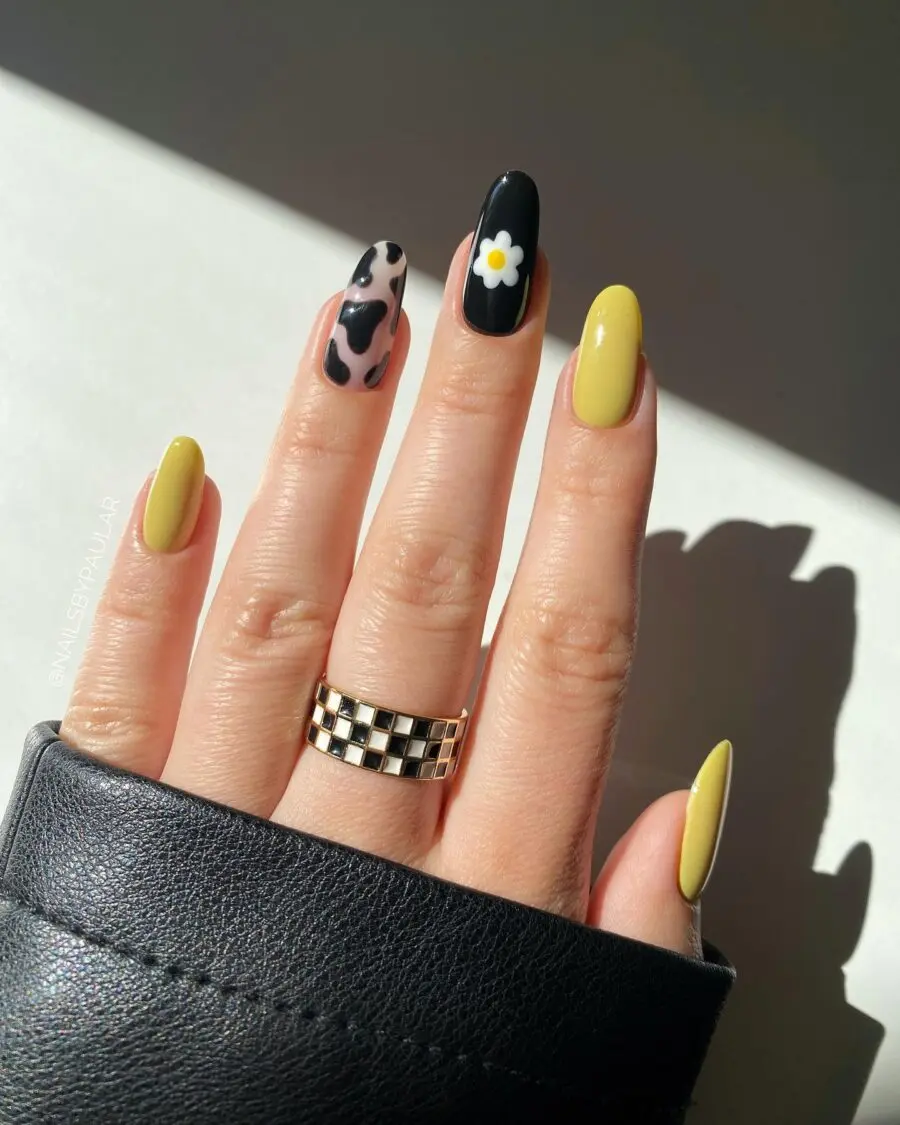 Chic Cow Print with Yellow Floral Accent