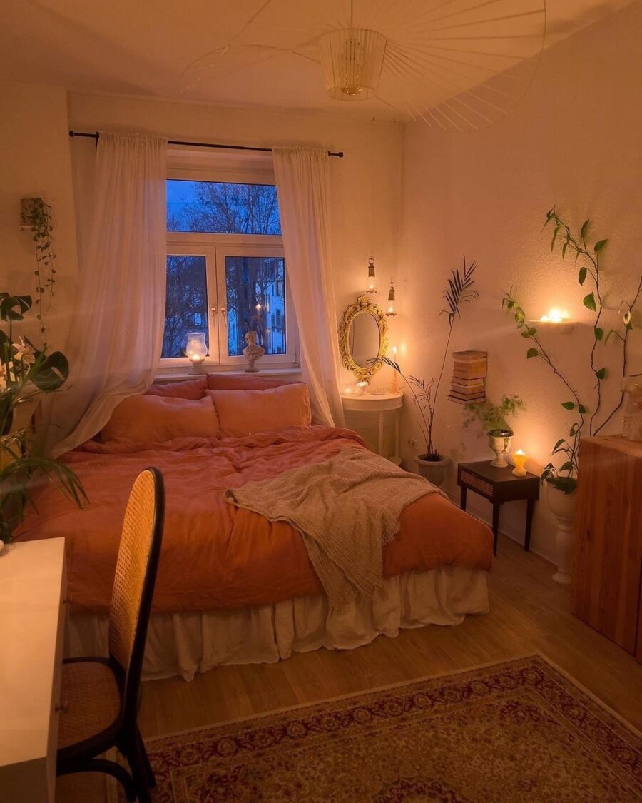 Serene bedroom with warm ambient lighting