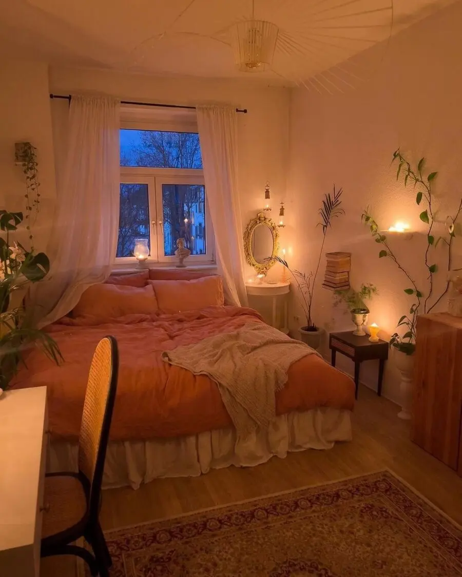 Serene bedroom with warm ambient lighting