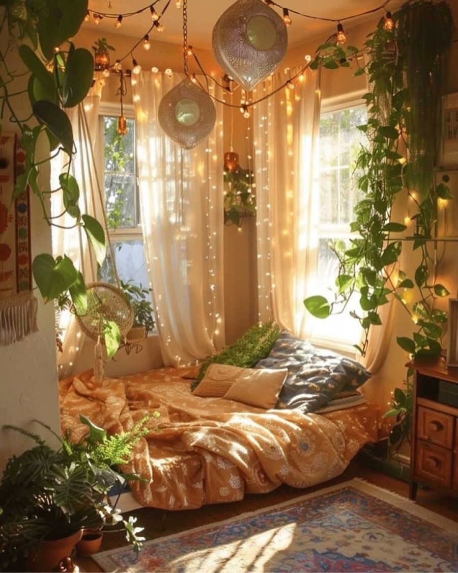 Cozy nook filled with lush greenery and lights