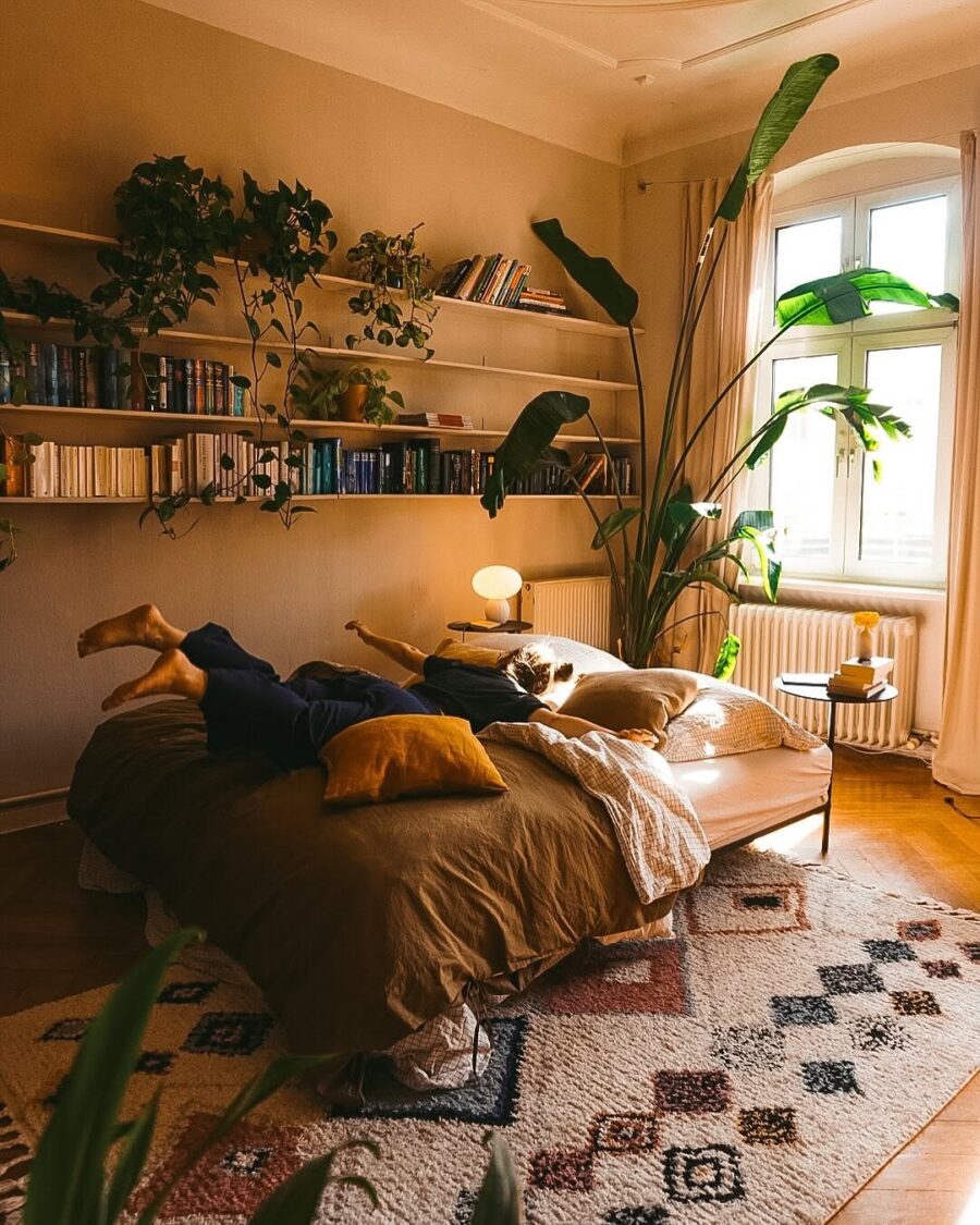 A serene bohemian bedroom oasis with plants