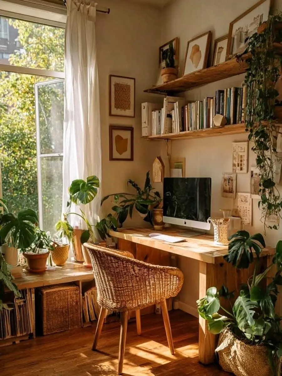 Charming workspace filled with plants and warmth