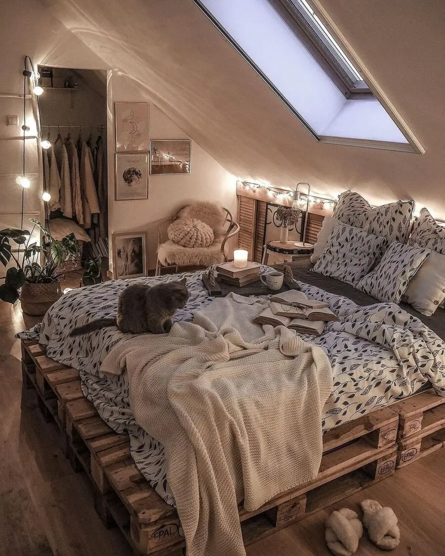 Cozy Pallet Bed with Soft Lighting