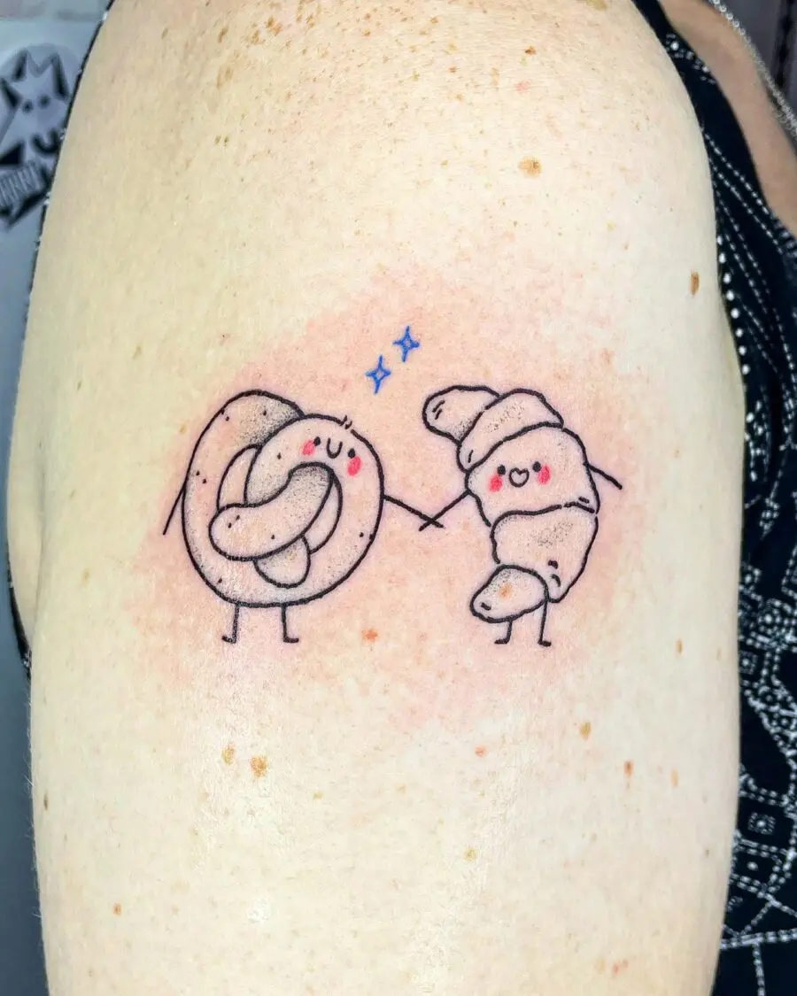 Adorable croissant and pretzel tattoo duo