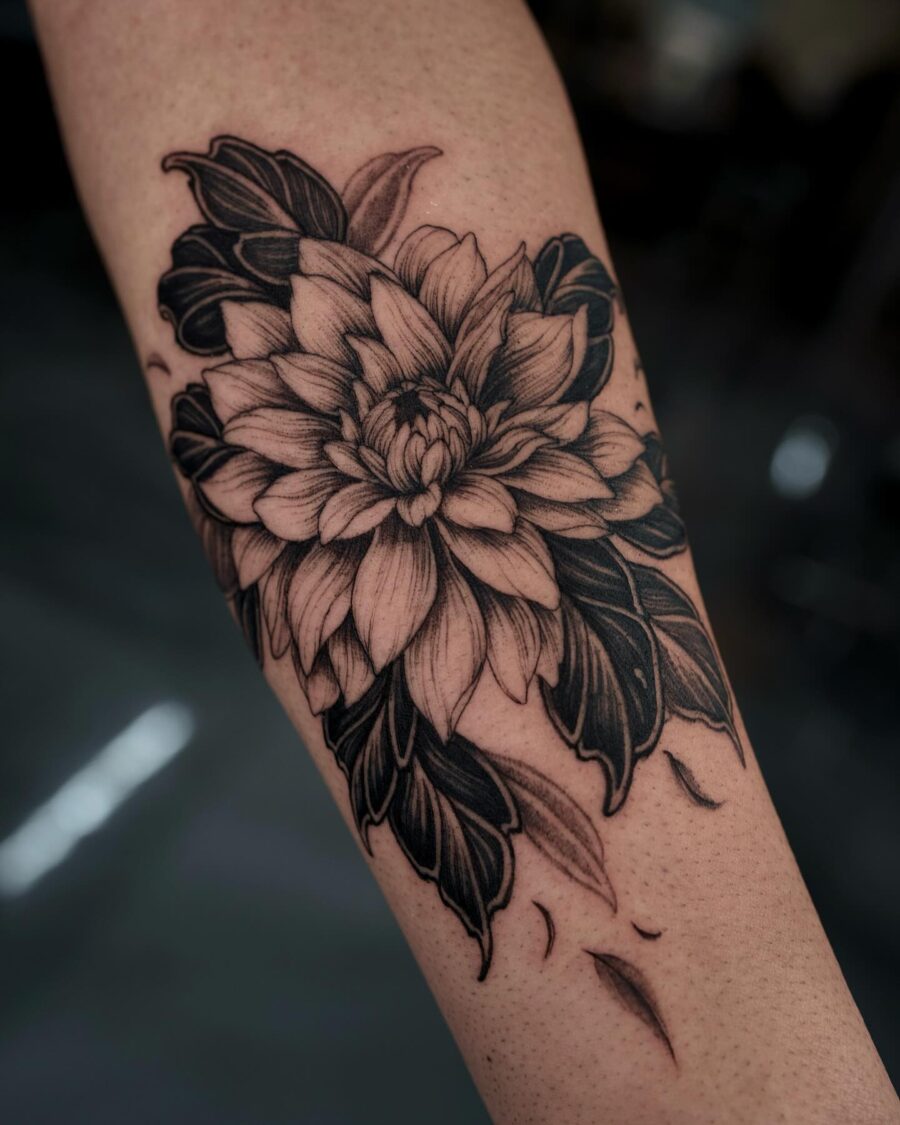 Stunning black and gray dahlia tattoo design