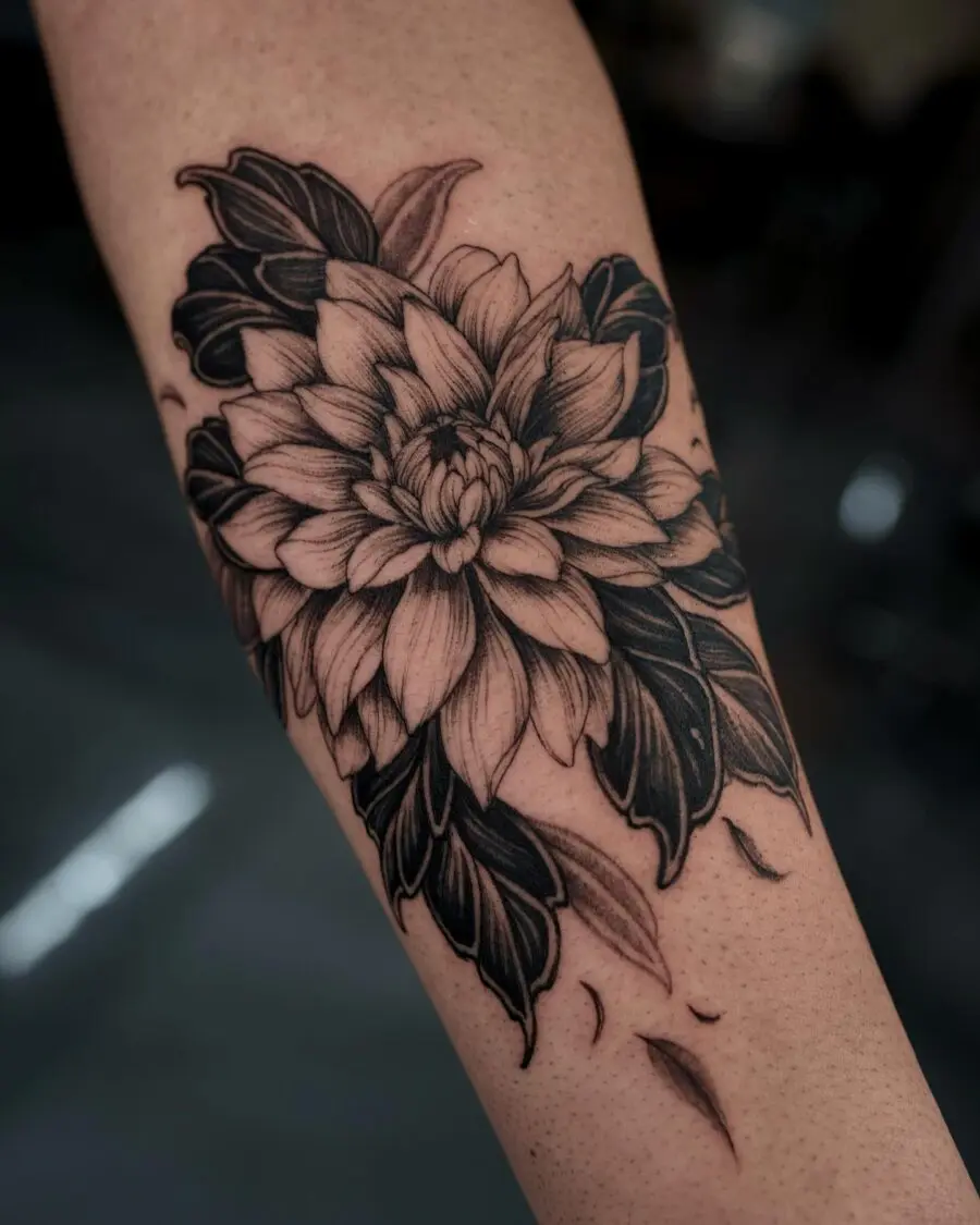 Stunning black and gray dahlia tattoo design