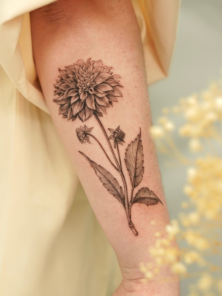 Elegant dahlia tattoo gracing the forearm beautifully