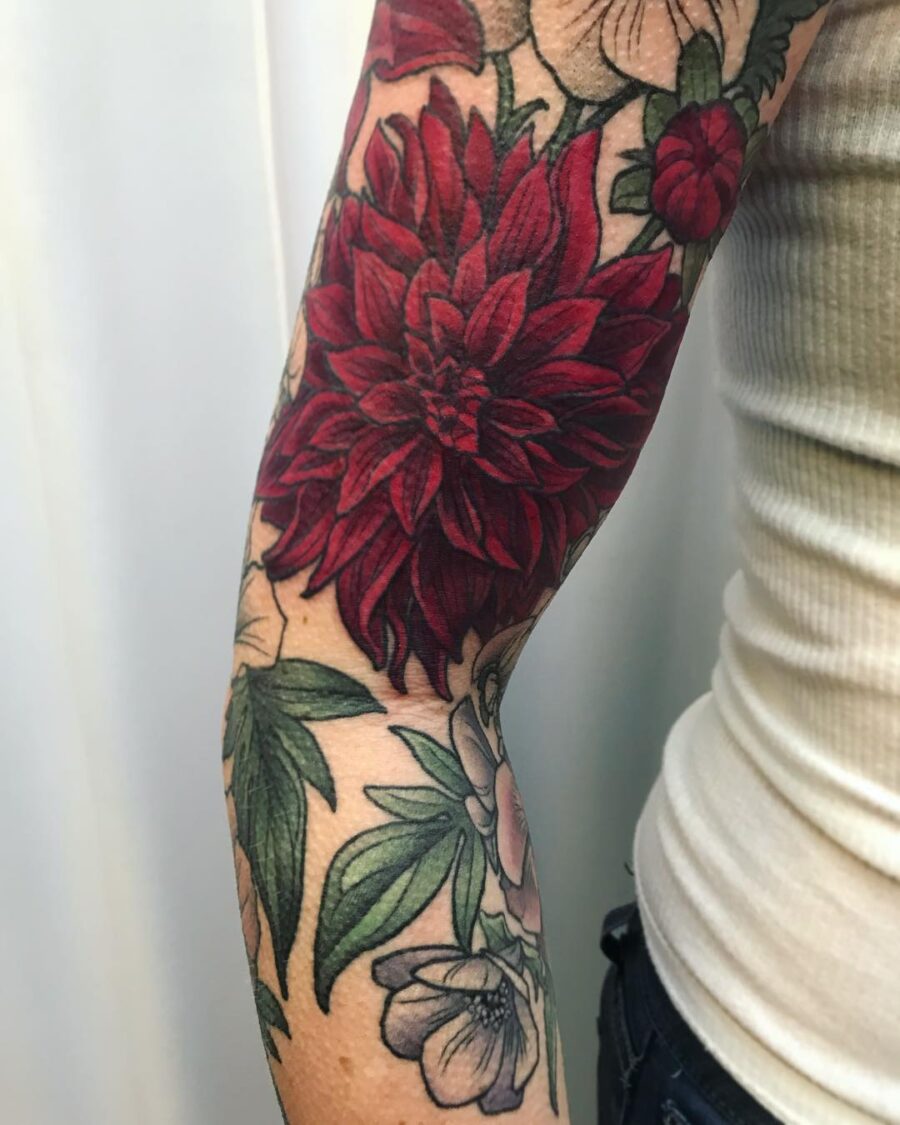 Vibrant Red Dahlia on Forearm Art