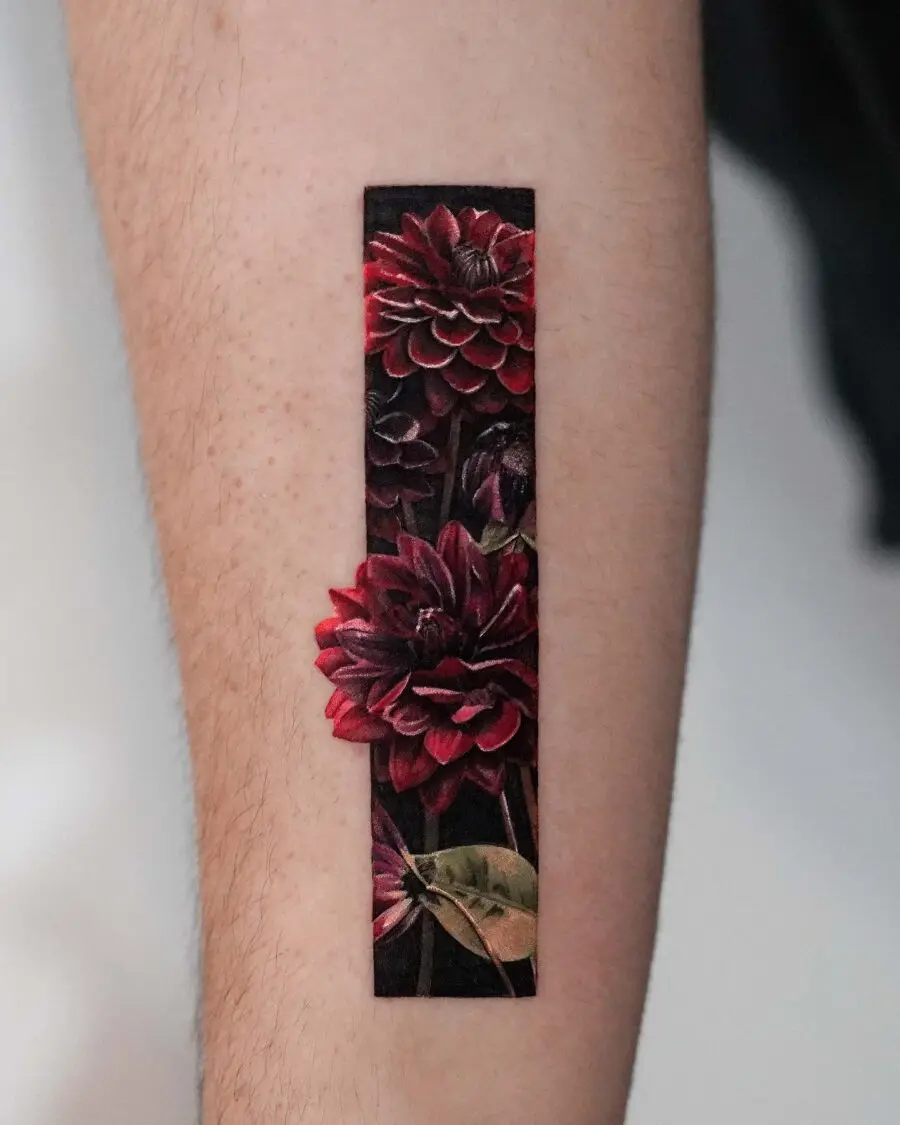 Vibrant Dahlia Tattoo with Dark Aesthetic