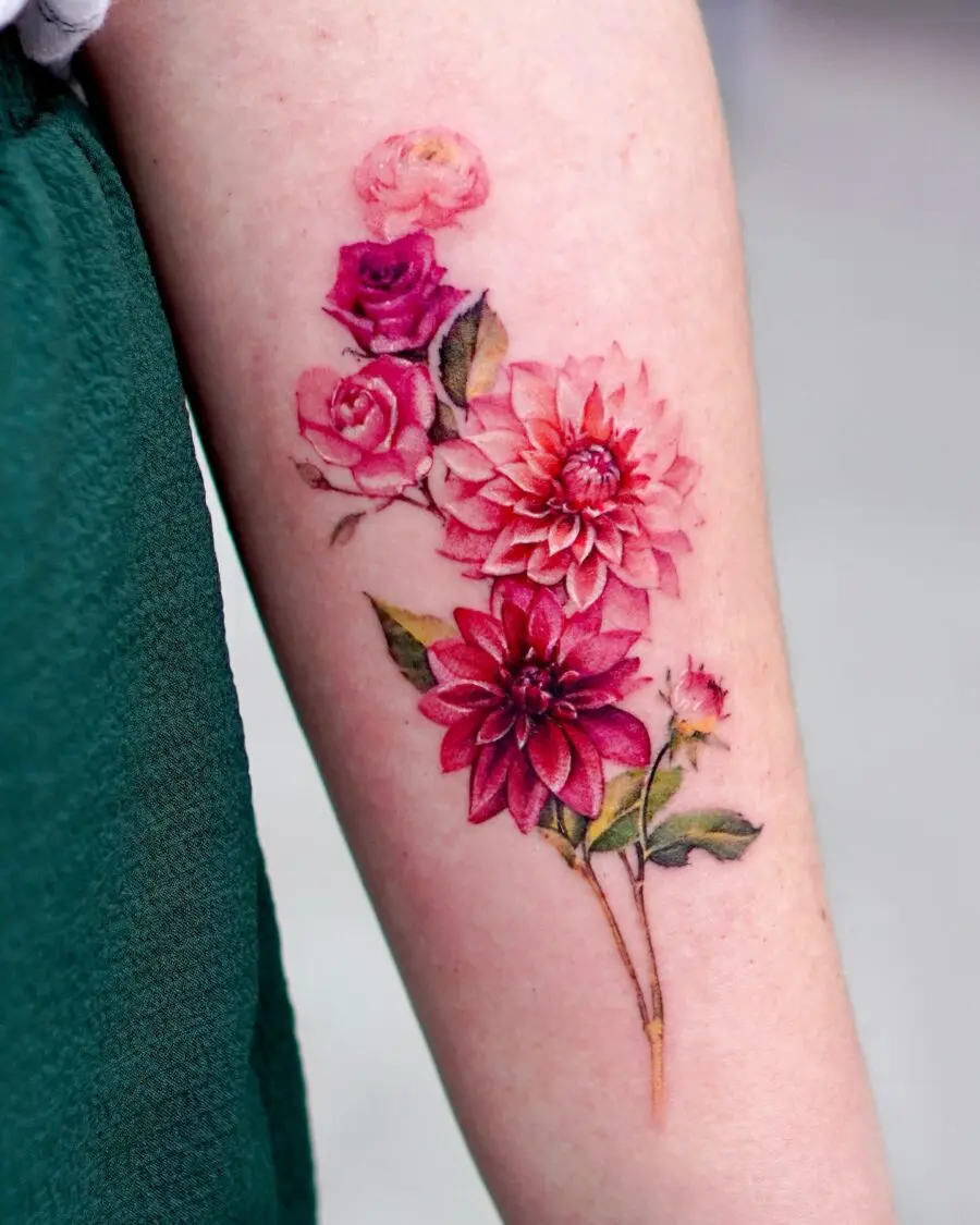 Stunning floral dahlia tattoo in vibrant colors