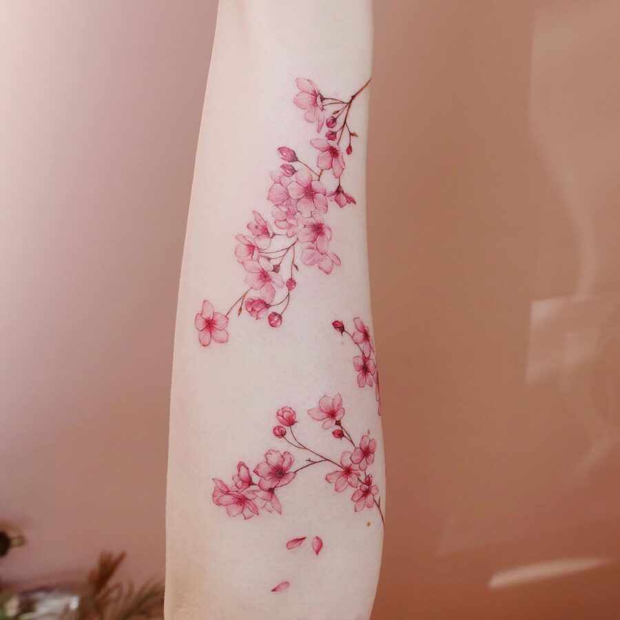Delicate Cherry Blossom Half Sleeve Tattoo Design