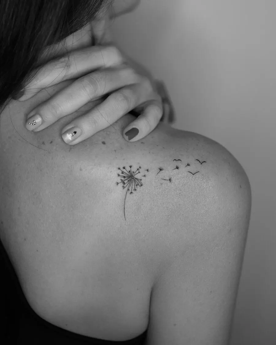 Elegant dandelion tattoo with flying birds