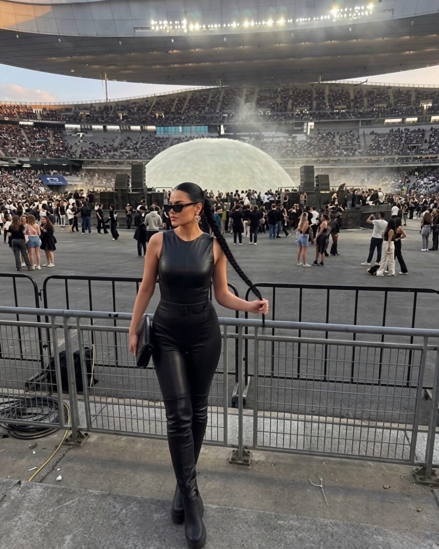 Chic black leather look for Drake concert