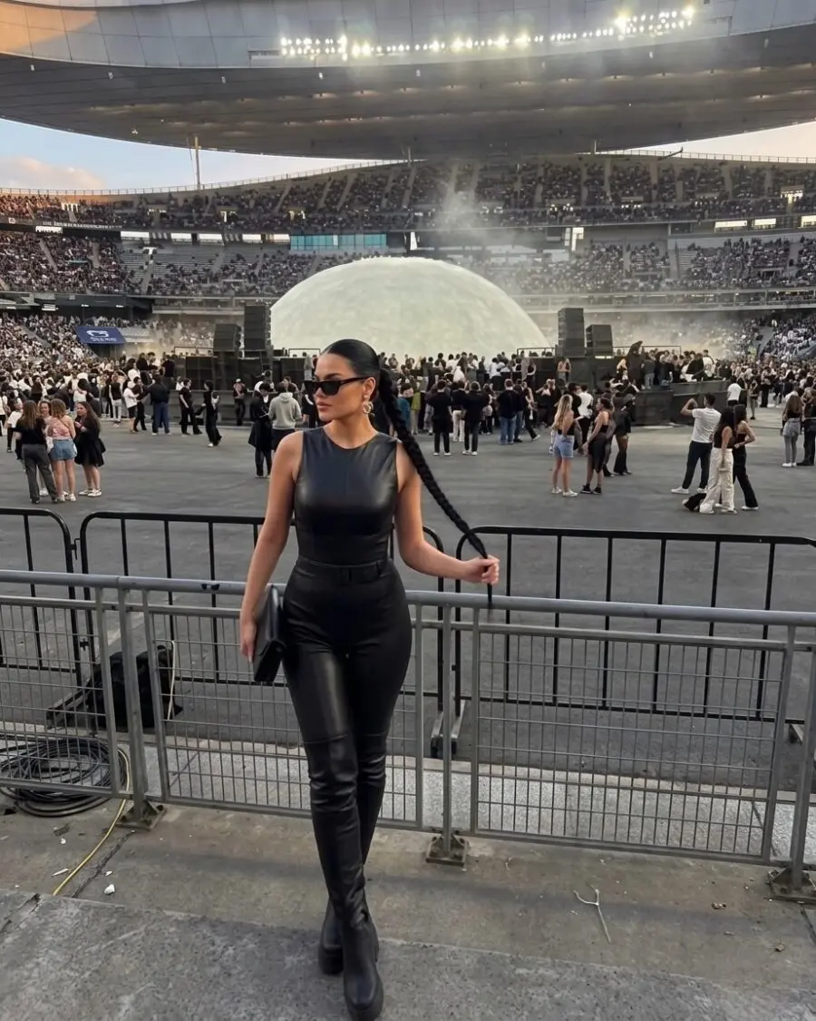 Chic black leather look for Drake concert
