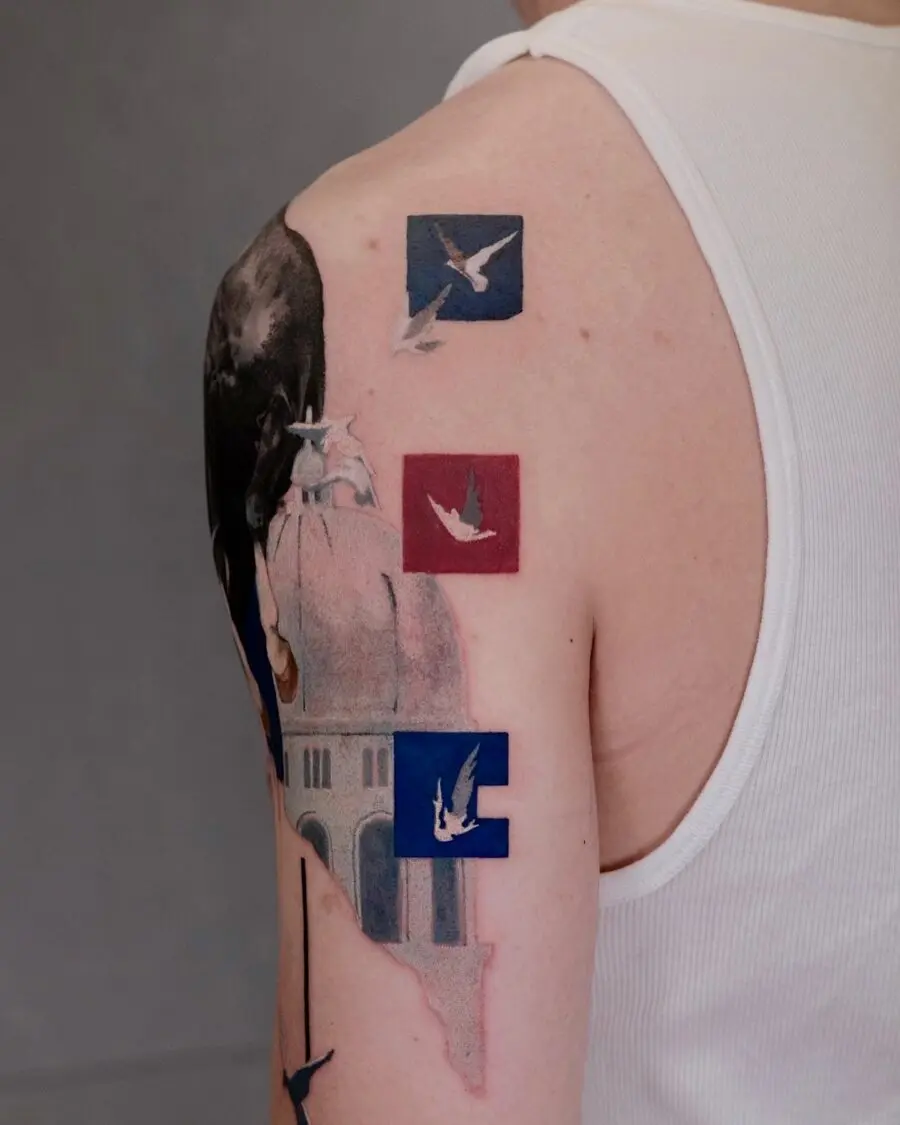 Vibrant Cover Up Tattoo with Birds and Shapes
