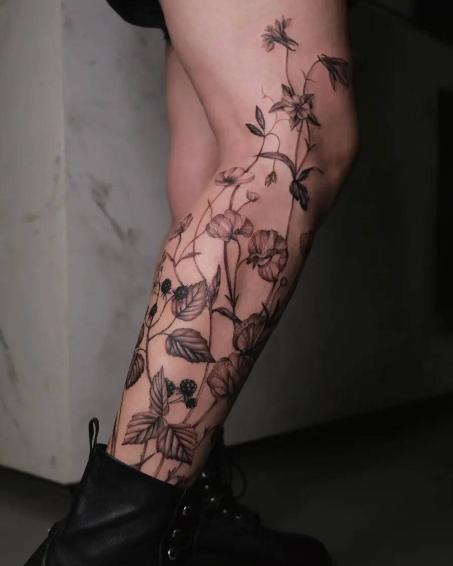 Stunning buttercup flower leg tattoo illustration