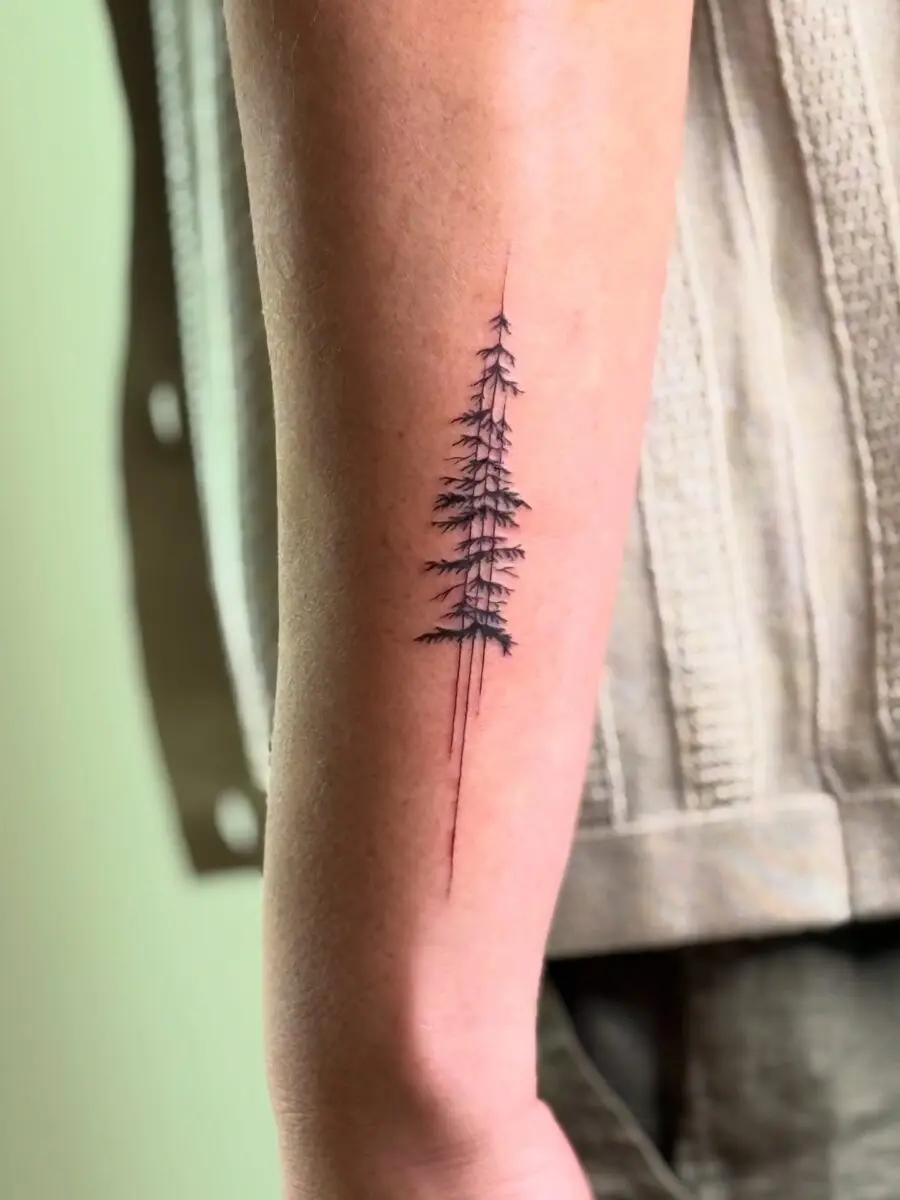 Elegant black ink redwood tree tattoo design