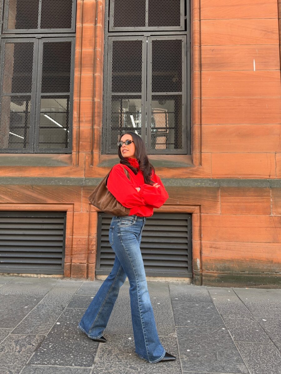 Chic Flare Jeans Look with Red Sweater