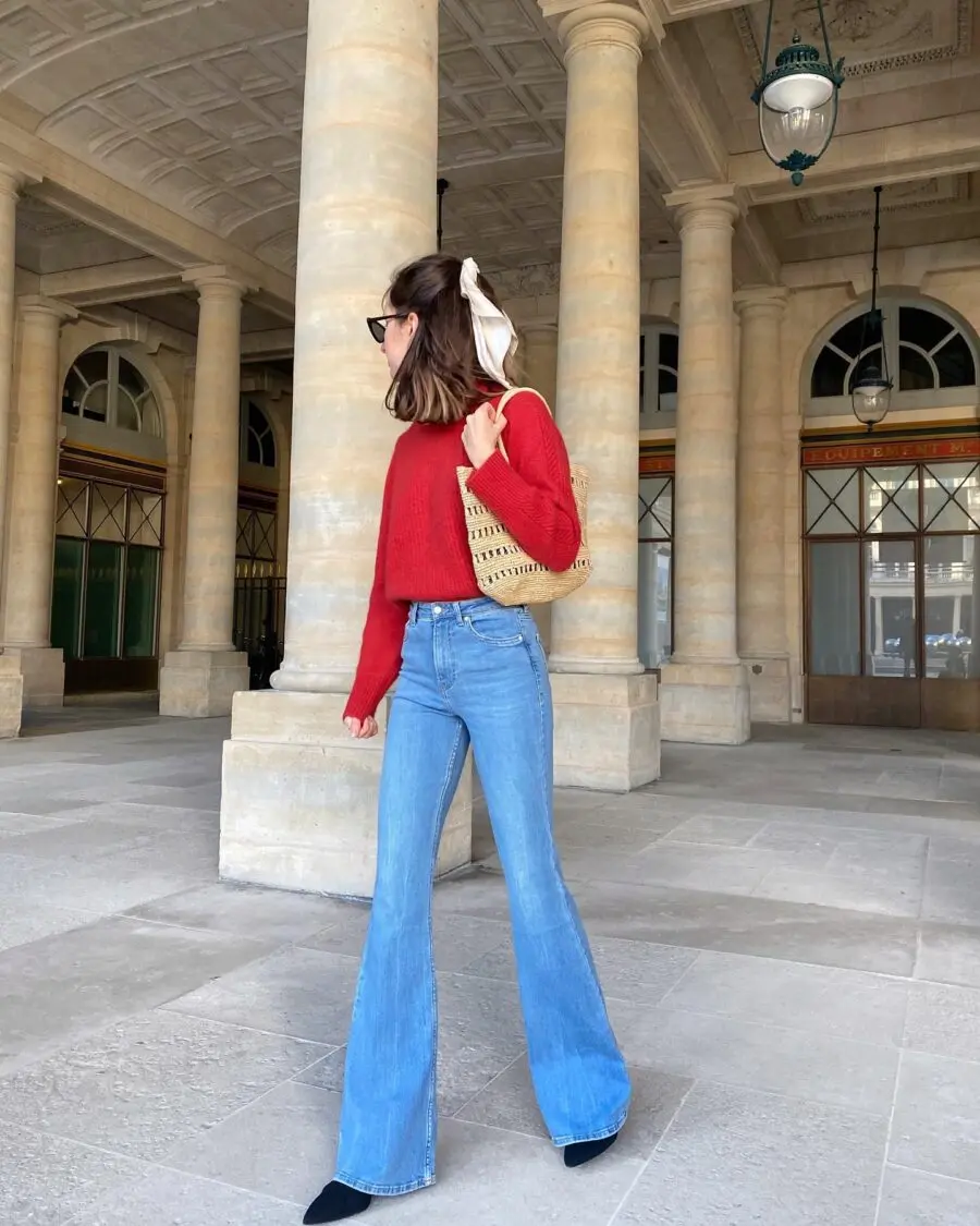 Chic Red Sweater and Flare Jeans Ensemble
