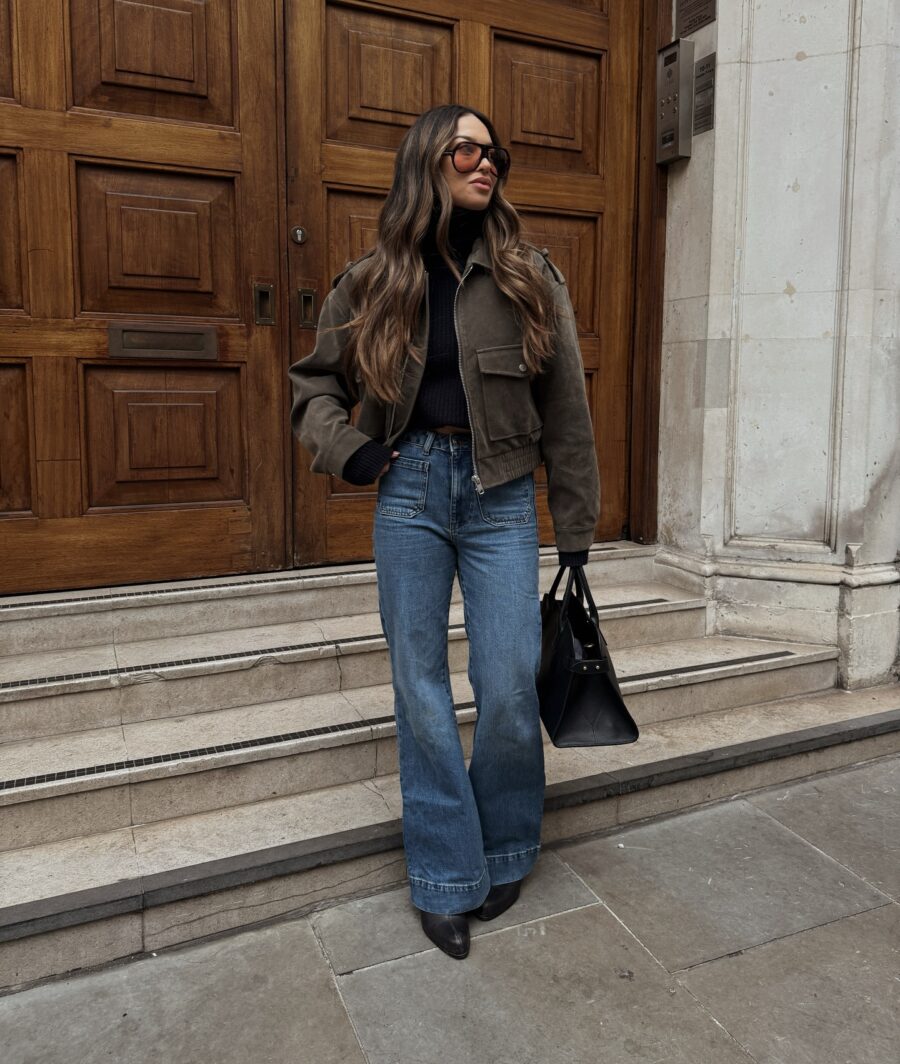 Chic street style with flare jeans and jacket