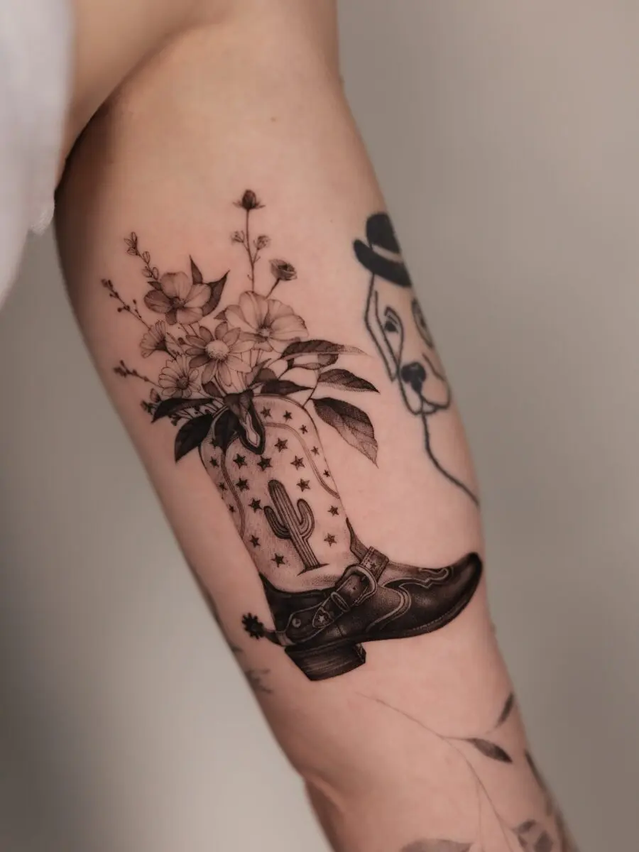 Unique Western-Inspired Floral Boot Tattoo