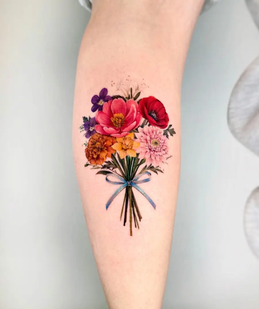 Stunning bouquet tattoo with vibrant floral details