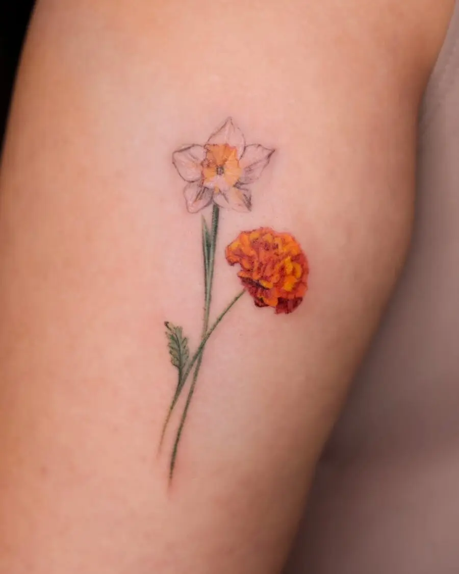 Colorful Daffodil and Marigold Birth Flower Tattoo