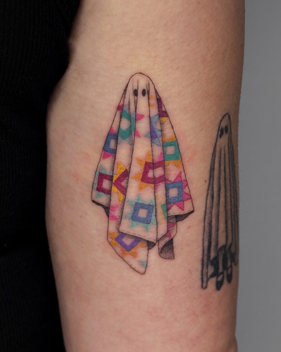 Whimsical Ghost Tattoo with Quilt Design
