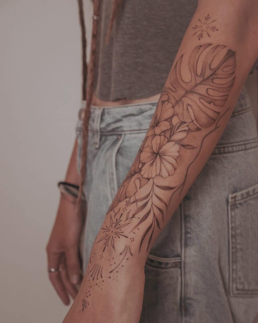 Sleek floral half sleeve tattoo design