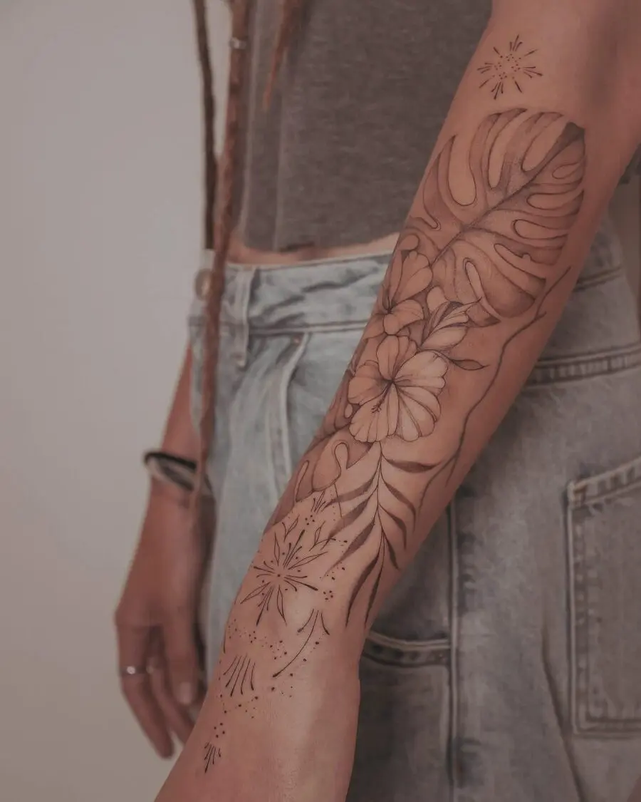 Sleek floral half sleeve tattoo design