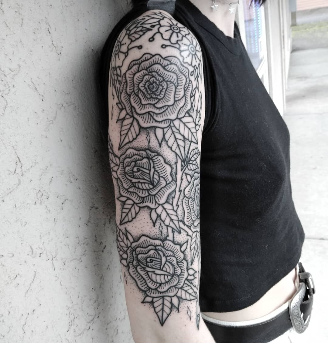 Stunning Black and White Floral Half Sleeve Design