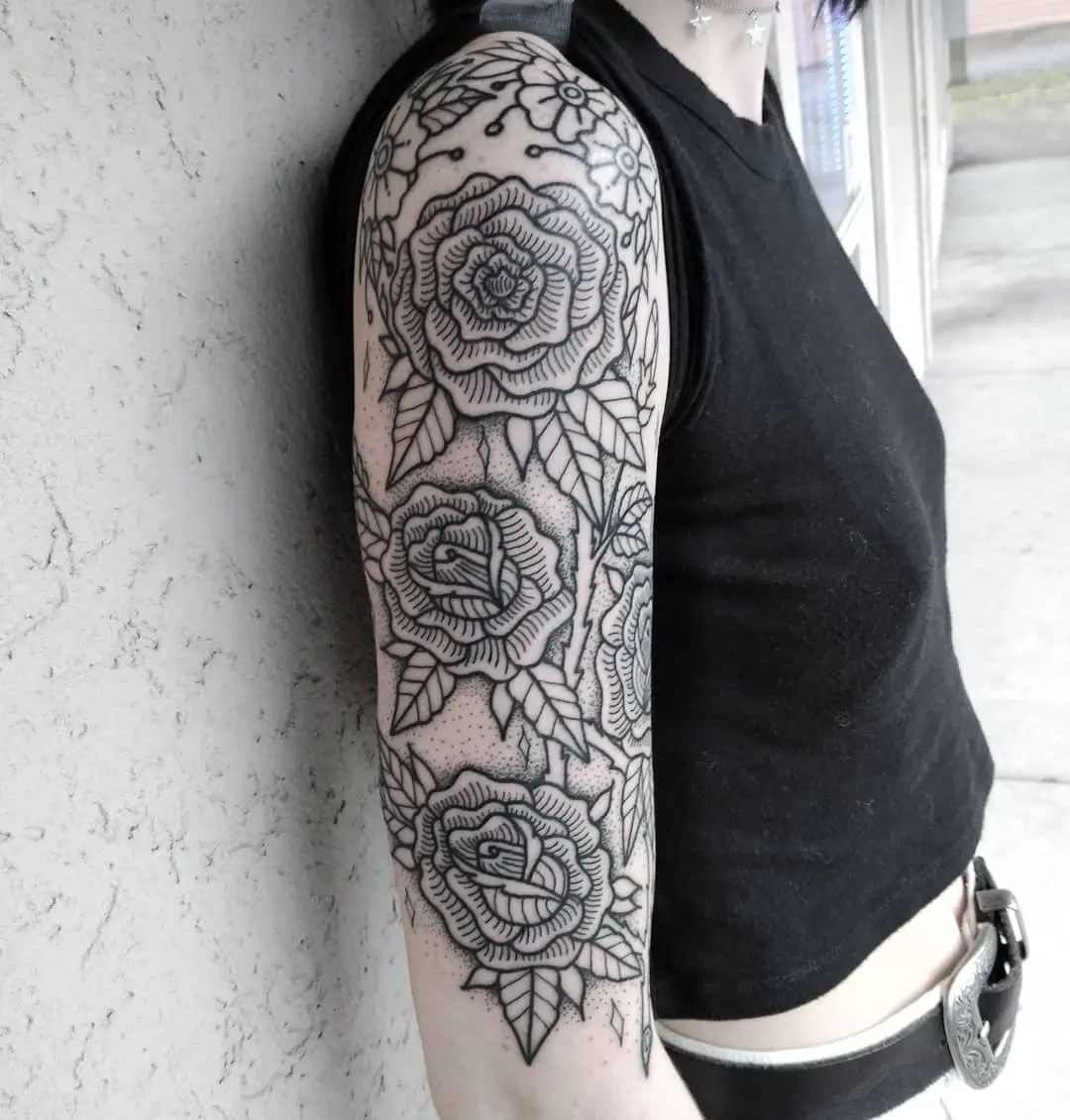 Stunning Black and White Floral Half Sleeve Design