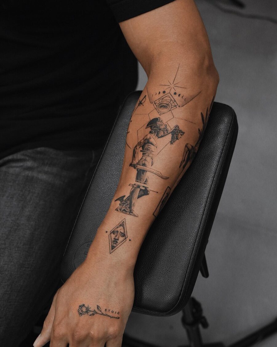 Intricate Black Ink Half Sleeve Tattoo Design