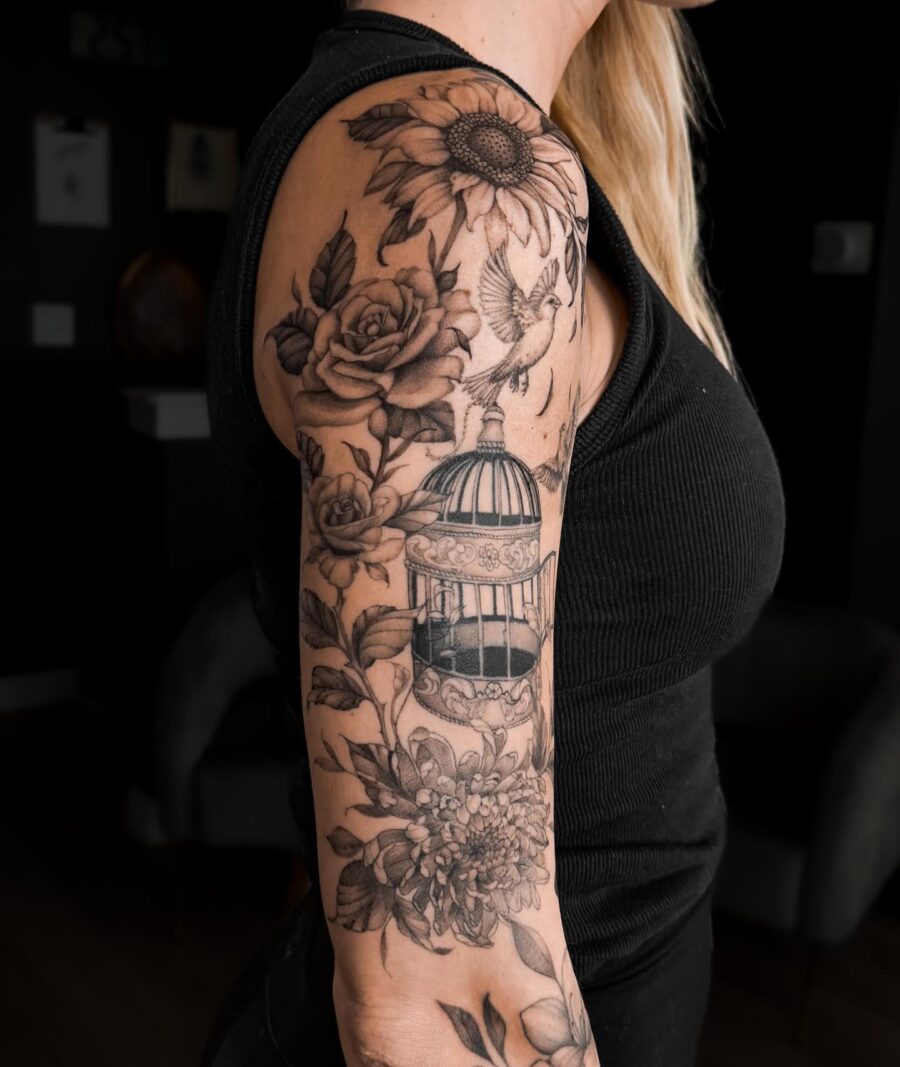 Elegant Half Sleeve with Floral Birdcage Design