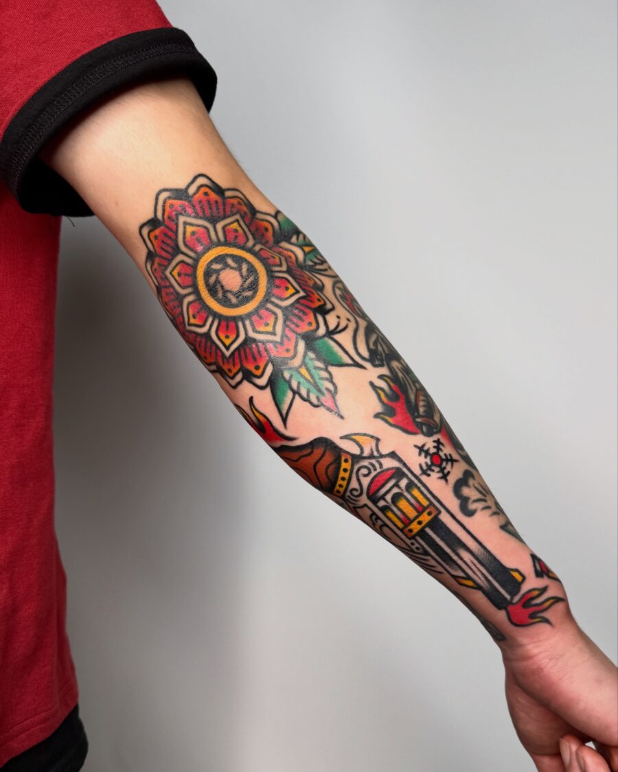 Vibrant half sleeve with bold designs and colors