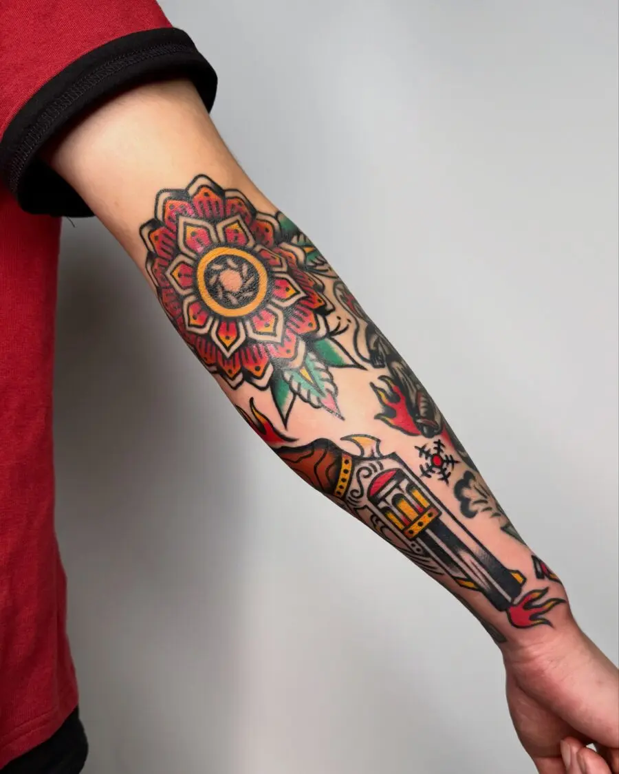 Vibrant half sleeve with bold designs and colors