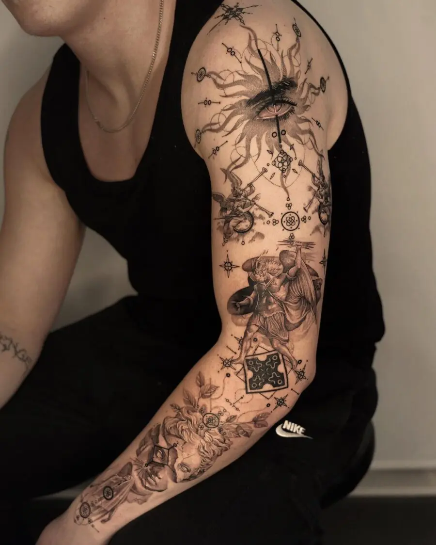 Stunning cosmic-inspired half sleeve tattoo design