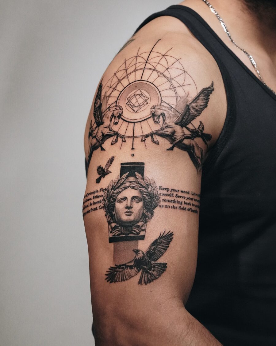 Intricate half sleeve featuring mythic symbols and creatures